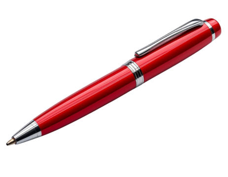 Red Ballpoint Pen with Silver Accents, Front Diagonal View, Isolated on Transparent Background PNG