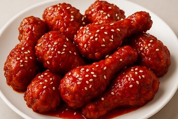 Close up of a plate of delicious korean fried chicken drumsticks coated in a sweet and spicy red glaze and sesame seeds