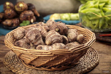 Fresh Hairy Taro Roots in Wicker Basket - Shandong Traditional Vegetables and Organic Farm Produce Display