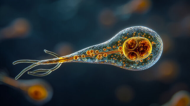 A detailed microscopic rendering of an amoeba with visible organelles and pseudopodia extensions