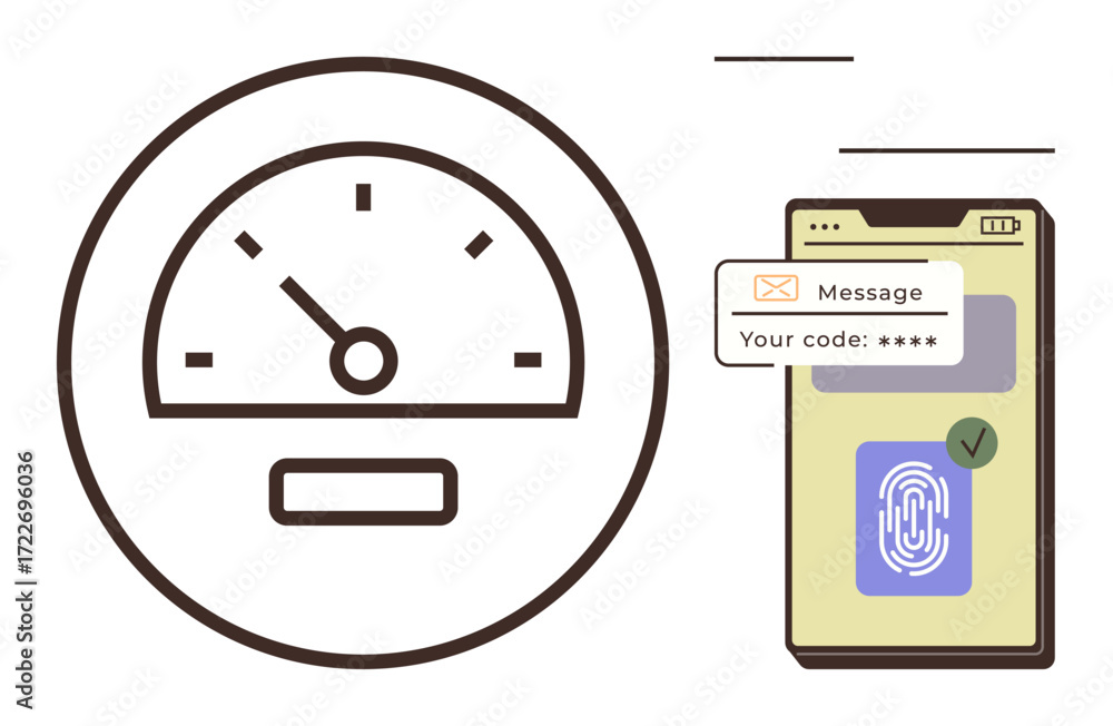 Poster speedometer symbol next to a smartphone screen displaying a fingerprint scanner and security code me