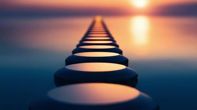A line of circular stepping stones across calm water, leading toward a warm sunset on the horizon.