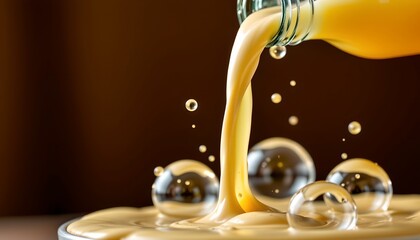 Pouring Golden Beverage with Bubbles Into Dark Background