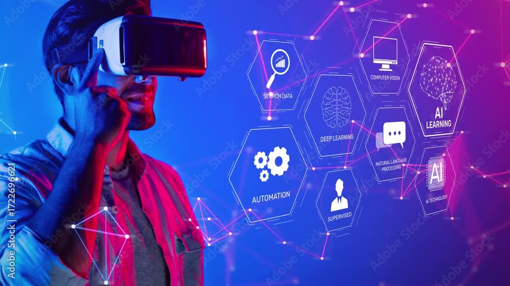 Poster a man experiences virtual reality, engaging with modern technology elements like artificial intellig