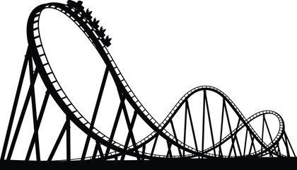 Roller coaster silhouette, amusement park ride, thrill attraction, looping track, carnival fun, entertainment design, fairground excitement, extreme ride, adventure concept, leisure illustration