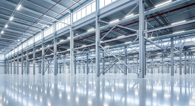 Empty warehouse interior industrial building factory space storage distribution center steel structure