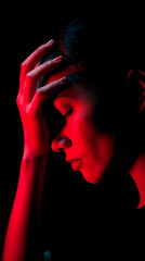 Woman with headache holding her head under red light. 
