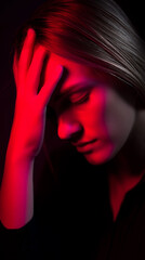 Woman with headache holding her head under red light. 

