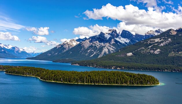 Panoramic view of a lake, islands, and mountains
