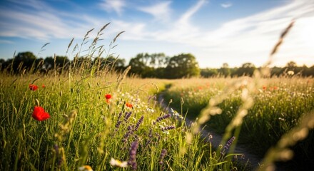 A vibrant meadow with red poppies and wildflowers under a clear blue sky.
