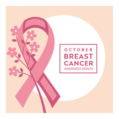 Obraz premium Pink ribbon with flowers breast cancer awareness october month support message