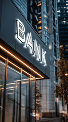 Obraz premium Modern bank building with illuminated sign in financial district. 