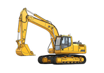 Illustration of yellow excavator construction machine with a large bucket isolated on transparent background on transparent background