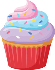 A colorful cupcake with pink and blue frosting and sprinkles.