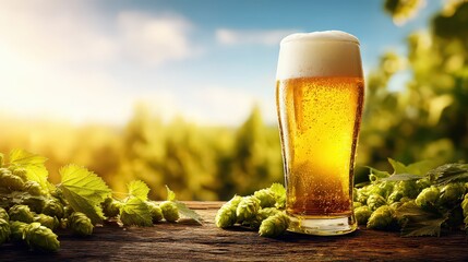 Golden Beer in Pilsner Glass with Hop Vines