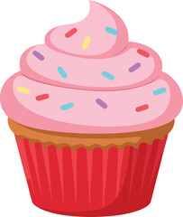 A cute cartoon cupcake with pink swirled frosting and colorful sprinkles in a red paper liner.