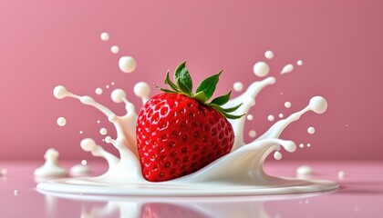 Fresh Strawberry with Milk Splash Pink Background