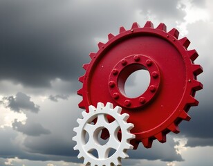 Surreal Large Red and White Sprockets Against Sky