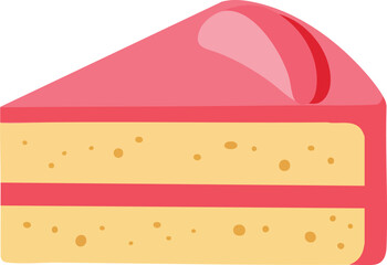 A slice of cake with pink frosting and two layers.