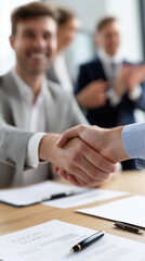 Fototapeta premium Businessmen shaking hands after successful meeting in office. 