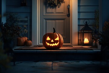 Obraz premium Get ready for Halloween night with this stunning glowing jack-o'-lantern sitting on a porch waiting for trick-or-treaters