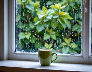 Cozy Indoor Scene with Rainy Window and Green Mug