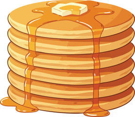 A stack of golden pancakes with melting butter and flowing maple syrup.