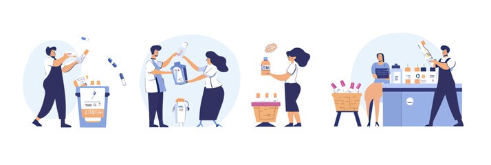 Flat vector illustration of diverse people buying and sorting medicine bottles and pills in pharmacy and drugstore setting with basket and counter