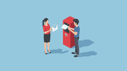 Isometric illustration of man and woman sending letters and reading envelopes near red mailbox on blue background for mail communication concept