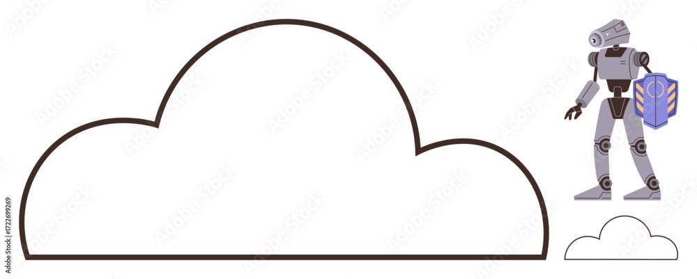 Aufkleber robot holding shield near large and small cloud outlines symbolizing data protection, cloud computin
