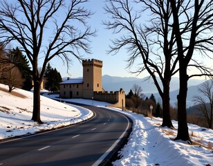 Snowy Castle Scene with Mountain Backdrop and Curving Road