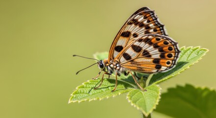 Obraz premium A butterfly perched on a green leaf with a blurred green background.