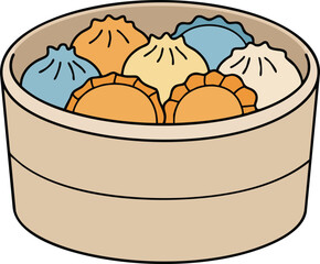 A detailed illustration of a bamboo steamer filled with colorful, delicious dumplings.