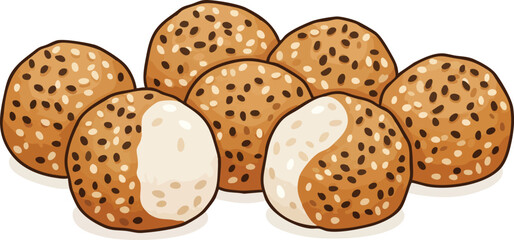 Sesame balls, some halved, showing creamy filling.