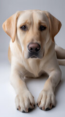 Obraz premium Portrait of yellow Labrador retriever dog lying down. 