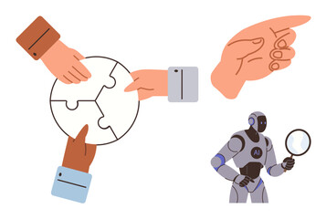 Hands assembling a puzzle, hand pointing, robot with magnifying glass explore teamwork, guidance, analysis. Ideal for AI innovation, strategy, research, leadership teamwork guidance technology