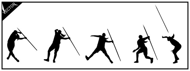Javelin throw athlete. Silhouette set on white background. Sports competition.