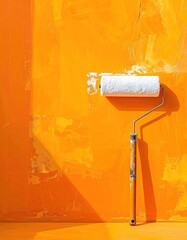 White paint roller on orange wall (1)