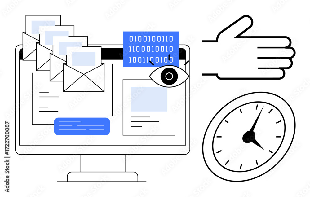 Poster computer monitor displays email messages and binary code with an eye, hand gesture, and clock. ideal