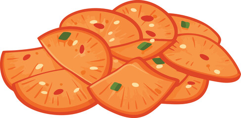Close-up illustration of a pile of sliced, orange-colored, round food items with small red and green specks.