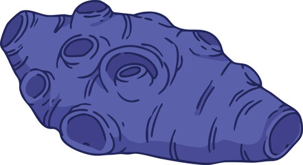 Illustration of a blue, porous, cylindrical object with multiple openings and a textured surface.