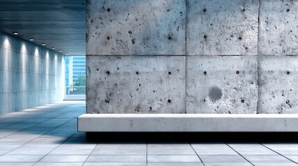 Textured Grey Concrete Wall in Modern Minimalist Interior with Natural Lighting near Large Windows and Cityscape Background in Day Time