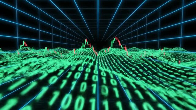 Digital data flows across a virtual landscape, representing complex information and technological advancement in a dynamic and futuristic way.