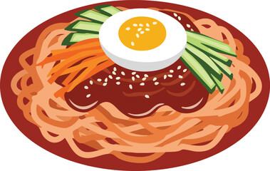 A vibrant plate of Korean bibim guksu noodles with spicy red sauce, topped with fresh cucumber, carrots, and a boiled egg.