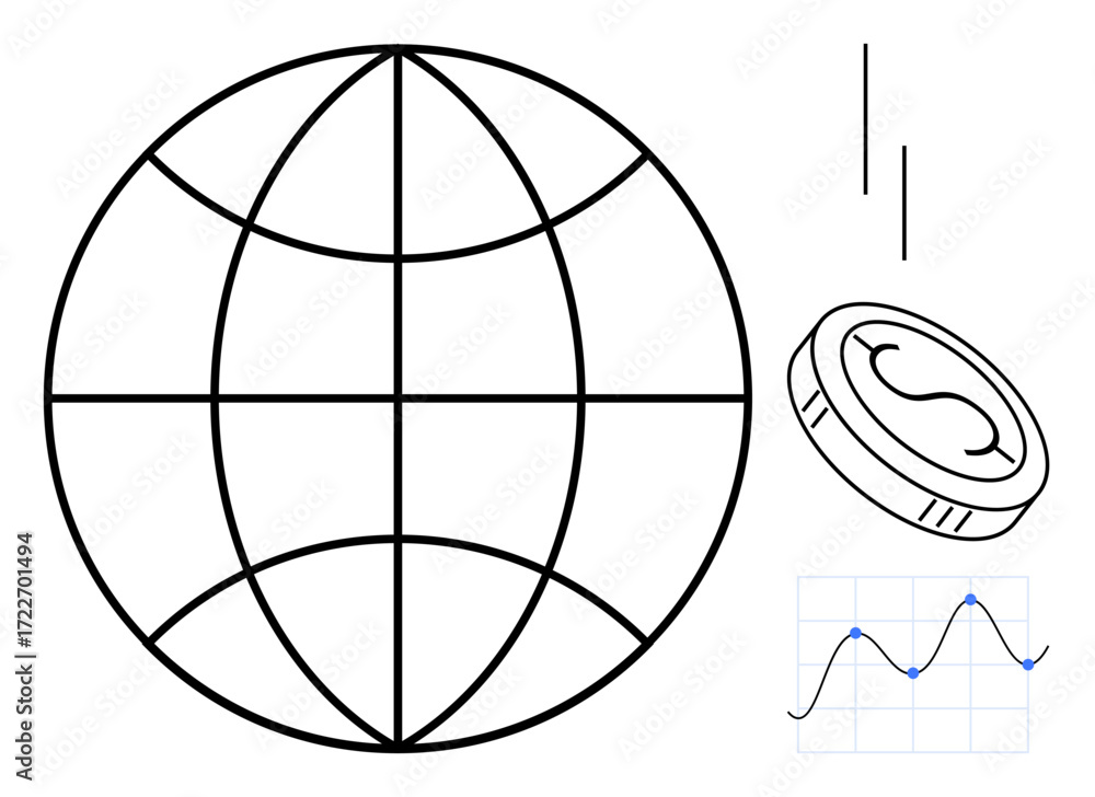 Aufkleber globe and coin represent global economy, data graph implies analytics, lines suggest technological c