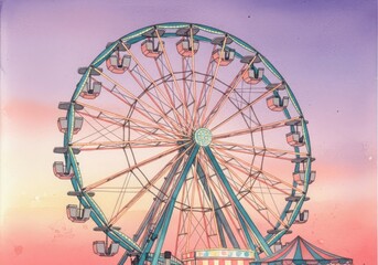 A vibrant ferris wheel stands tall against a pastel sky, evoking a sense of nostalgic joy and amusement park wonder