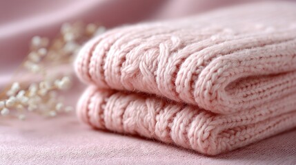 Textured Pink Knitted Wool Fabric Background With Cable Pattern Folded Neatly On A Pinkish Surface Surrounded By Delicate White Flowers