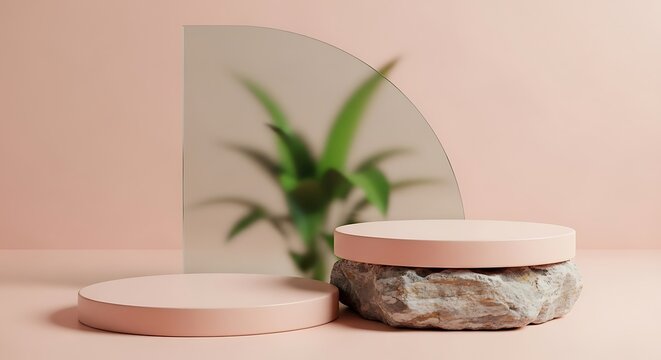 Minimalist product display with a stone texture podium and a plant reflection on a soft pink background