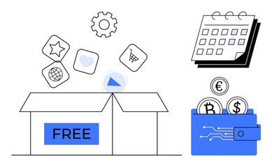 Open box labeled Free releasing app icons, calendar, and digital wallet with coins, euro, dollar. Ideal for technology, finance, time management, e-commerce cryptocurrency marketing innovation