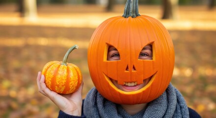A person with a carved pumpkin on their head and holding a small pumpkin in their hand.